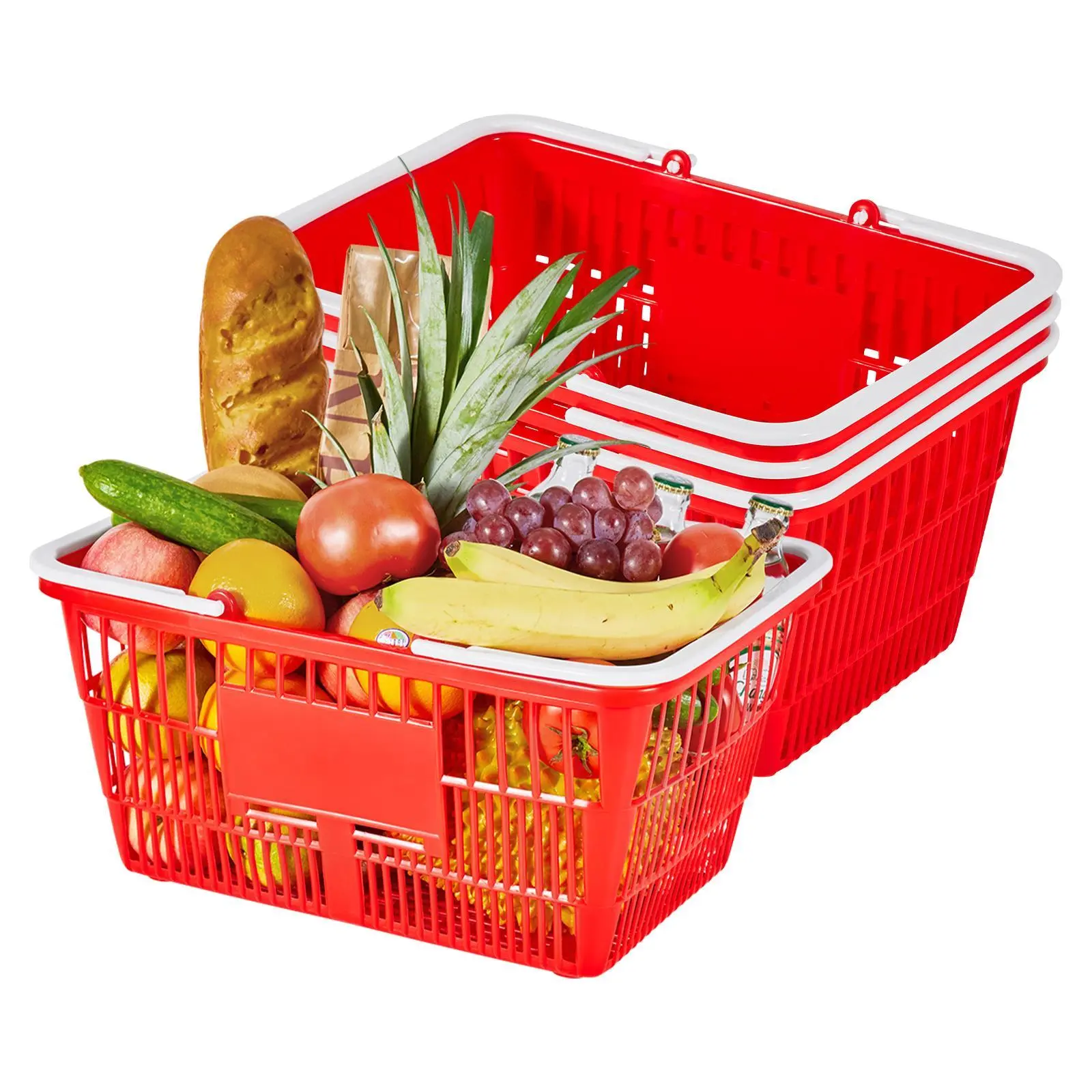 【SummerFinds】VEVOR 4-Piece 21L Stackable High-Density PE Plastic Grocery Shopping Baskets with Dual Handles, Smooth Surface, Reinforced Base, 20 lbs Capacity, Space-Saving Organizer for Grocery Hauls, Home Use, Red