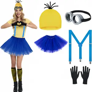 Adult Minion Cosplay Costume Set, Hat Sunglasses Gloves Suspenders 4 Piece Set, Accessories, Modest Style, All Seasons, No Ca Prop 65