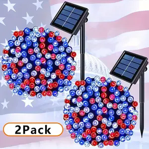Independence Day, 2 packs waterproof solar 100 LED string lights, 8 modes, indoor/outdoor, Christmas tree, wedding party, bedroom, courtyard decoration, IP65 splashproof dark green wire (red, blue, and white, 39 ft)
