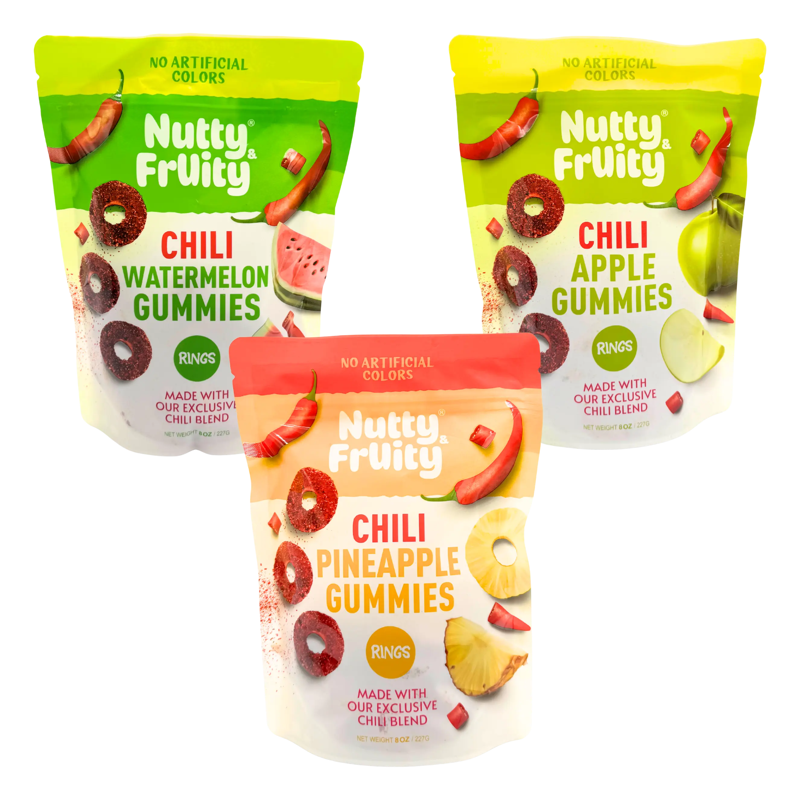 Nutty Fruity Chili Gummies - 3 Flavors - Watermelon - Apple - Pineapple