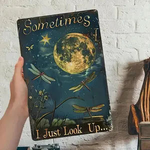 Vintage Moonlight Garden Aluminum Art Sign Featuring Starry Dandelion and Dragonfly Design Hand Painted Wall Decor for Patios and Indoors Rustic Distressed Blue Metal Panel Perfect for Outdoor and Home Decor