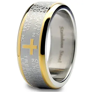 Men's Lord's Prayer Ring Christian Cross Stainless Steel 8MM Goldtone Sizes 7-12