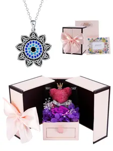 Blue Evil Eye Celtic Knot Necklace With Moss Bear Rose Jewelry Gift Box, Lotus Flower Charm Necklace for Women, Amulet Spiritual Jewelry Gift for Mom Wife Girlfriend Daughter