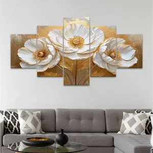 5 Counts Unframed Canvas Poster, Gold And White Flowers, Exquisite Poster, Perfect Living Room Decoration, Modern Art, Fashion Family Poster, Wall Art Decoration, Modern Home Decor, Odorless, Waterproof, Artwork, Hanging Wall Art