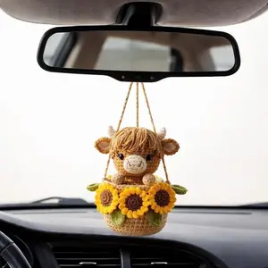 Crochet Highland Cow Car Charm, Sunflower Pot Hanging Decor, Amigurumi Accessory, Boho Farmhouse Decor