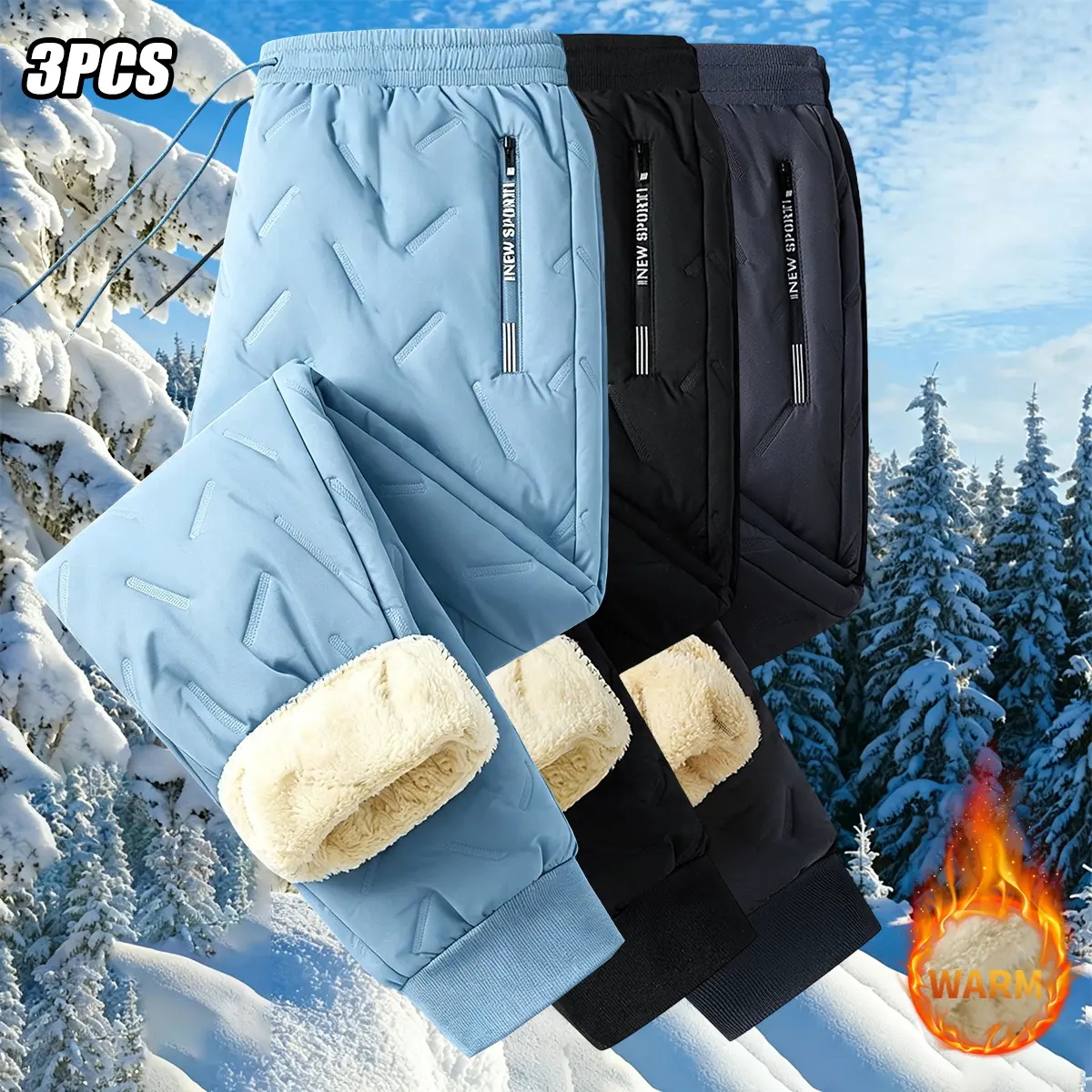 3-pack men’s outdoor fleece-lined long pants—snowboarding, mountaineering, running training; winter fleece sports pants; warm, windproof casual hiking pants with faux fur lining; thick fleece pants for men