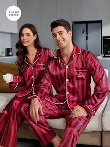 Couple Matching Sleepwear Set, Pajama, Spring & Fall Ice Silk Long Sleeve Home Wear, Summer Men's Faux Silk Two-Piece Casual