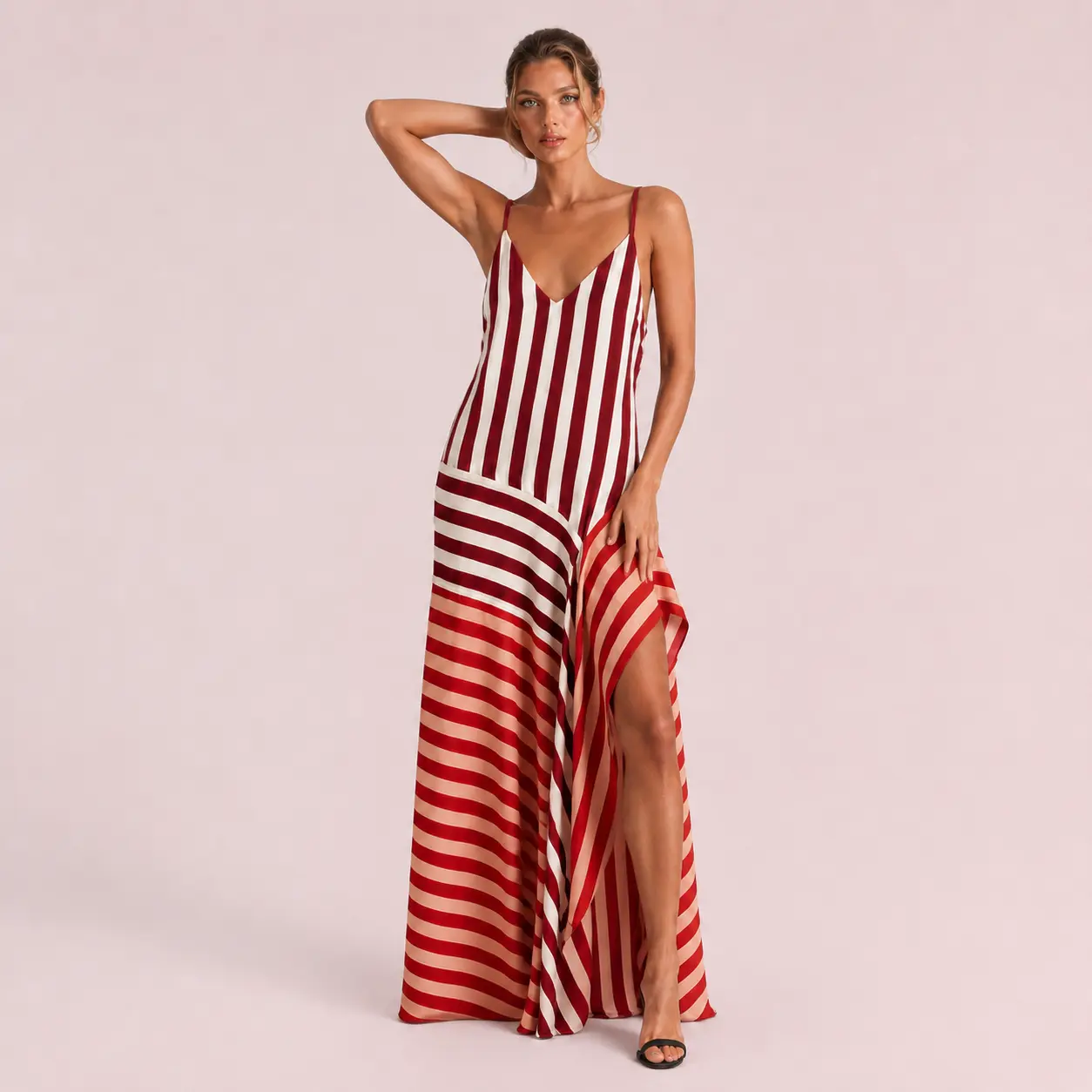 LikeMyChoice Womenswear Sleeveless 2026 Color Block Striped V-Neck Spaghetti Strap Maxi Dress High Asymmetric Slit Flowy Casual Vacation Gown for Women