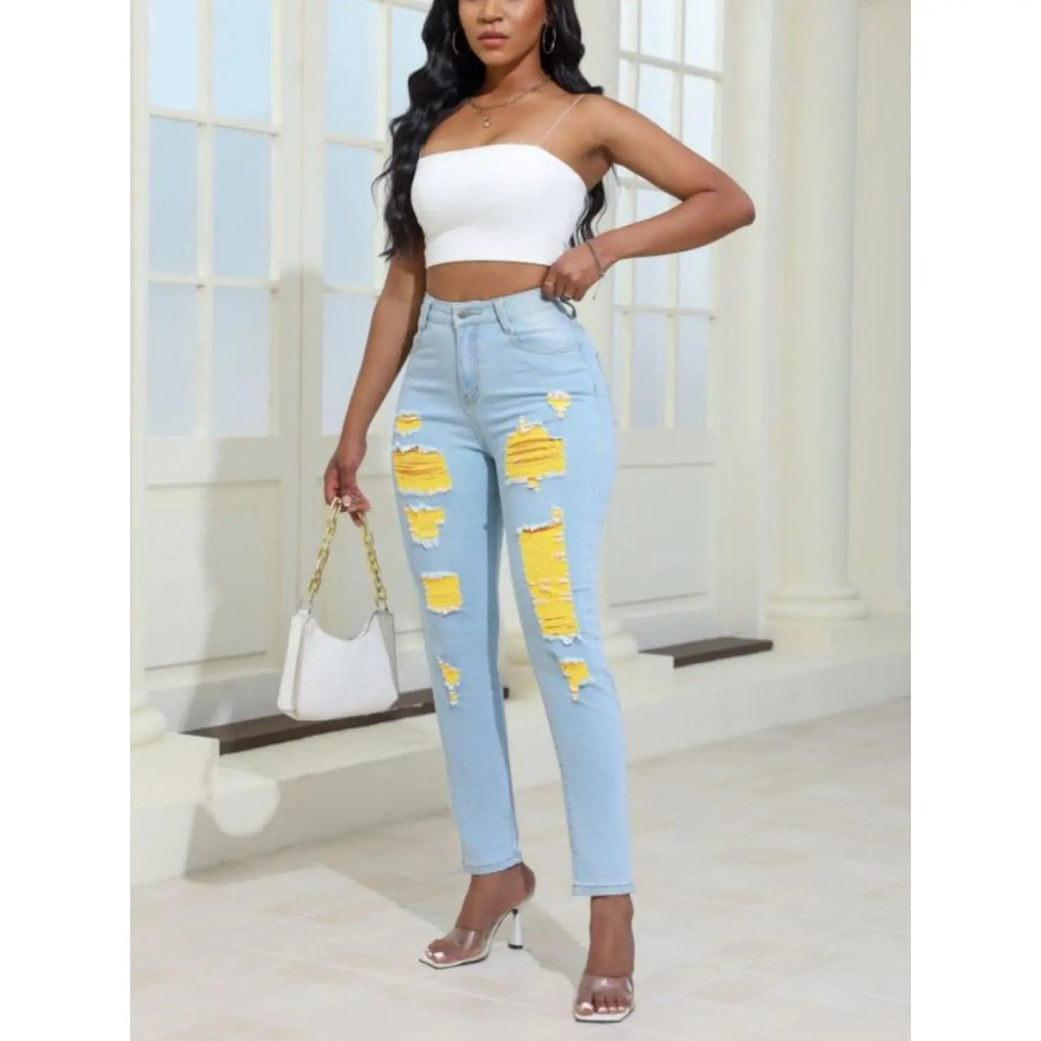 Women's Fashion Yellow Ripped Distressed Skinny Jean Slim Fit Denim Pants for Women Basic Minimalist Streetwear Bottom Asian Size