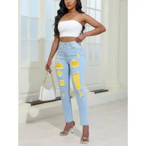 Women's Fashion Yellow Ripped Distressed Skinny Jean Slim Fit Denim Pants for Women Basic Minimalist Streetwear Bottom Asian Size