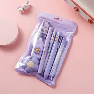 Cute purple Stationery Set – 7-Piece Writing Essentials Kit, purple Kawaii School & Office Supplies, Includes Ballpoint Pens, Highlighter, Pencil Sharpener, Correct