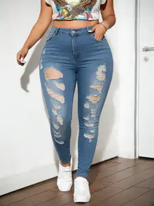 Plus Size Women's High-Stretch High-Waisted Fashion Washed Ripped Slim Fit Jeans, Ankle-Length Pants, Stylish & Slimming, Suitable for All Seasons, All-Day Comfort Wear