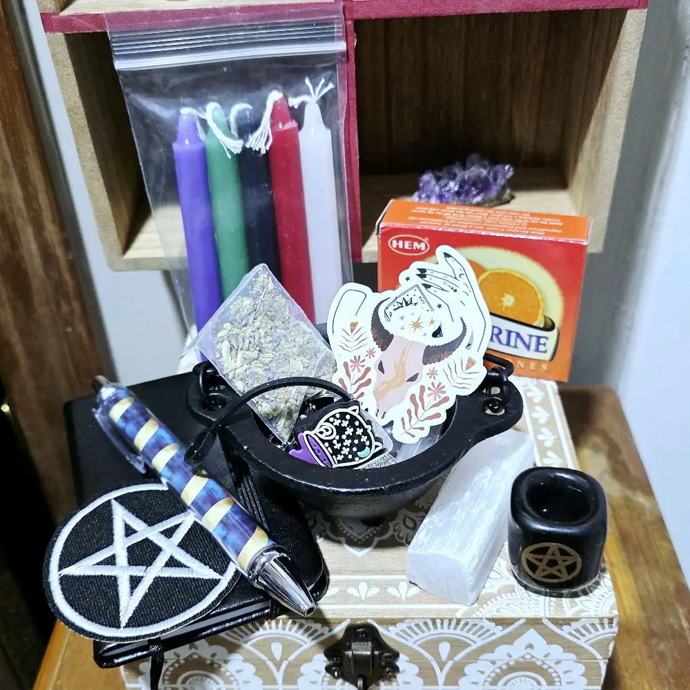 Witchcraft Treasure Kit with 2.5" Cast Iron Mini Cauldron Filled with Charms, Crystals, Stickers, Herbs, Witchy Keychain, etc.