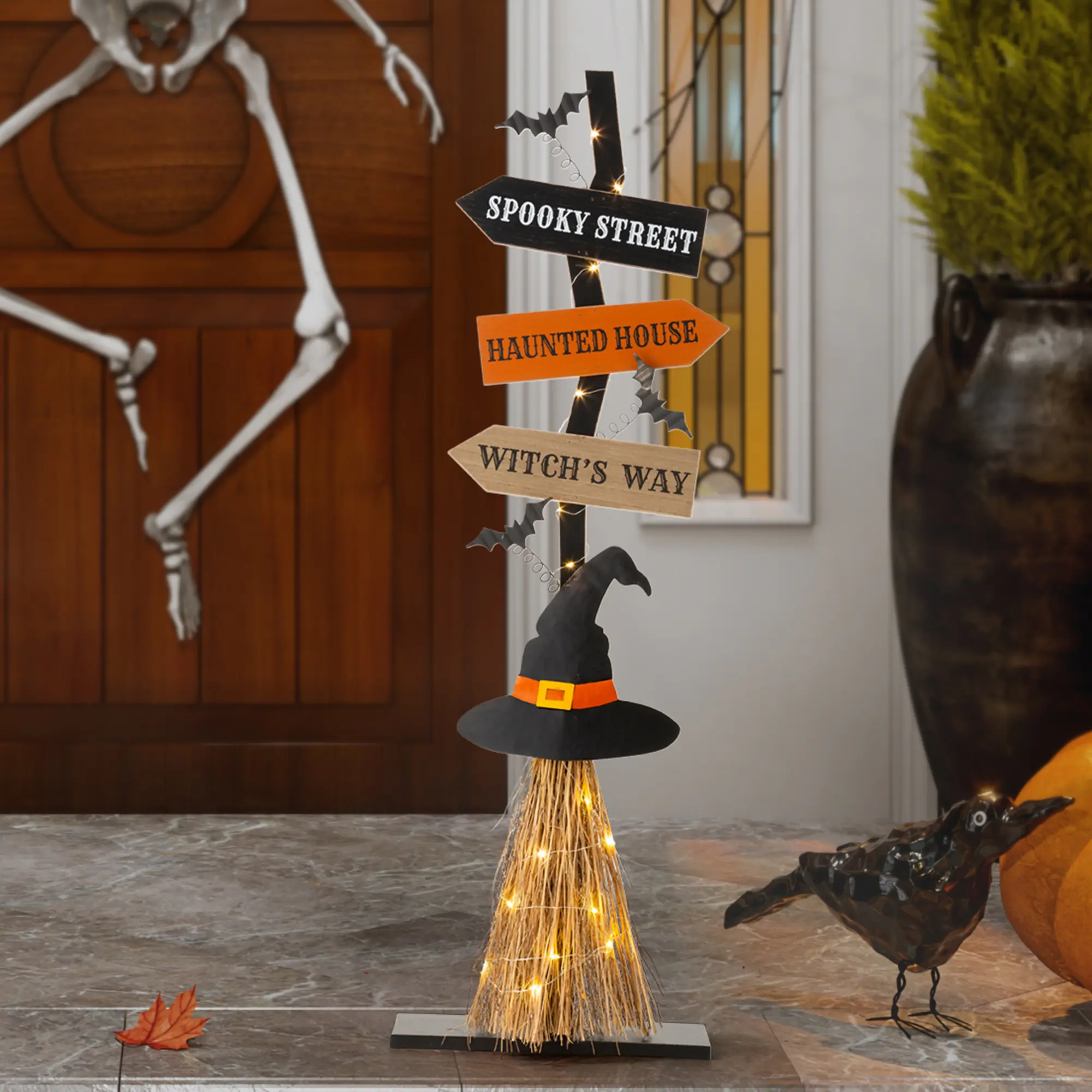 Glitzhome 42"H Lighted Wooden Witch's Broom Porch Decor(KD)