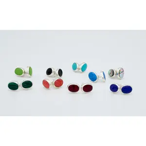 Oval Sterling Silver Studs with Enamel Stones