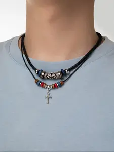 Vintage Ethnic Style Layered Necklace, Boho Style Cross Charm Drawstring Necklace for Men & Women for Party, Daily Decor, Trendy All-match & Exquisite Chain Jewelry for Birthday Gift