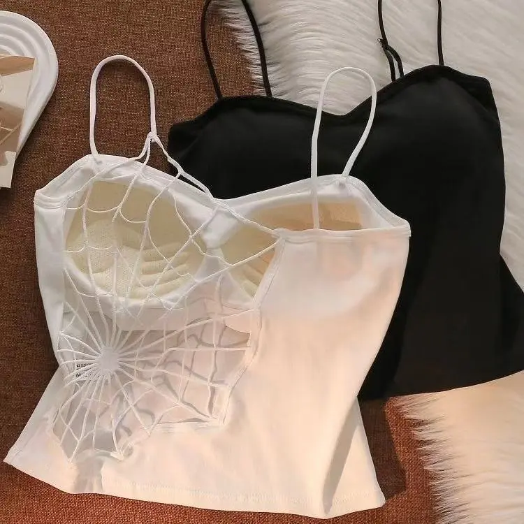 Women's Cropped Workout Camisole with Spider Web Back, Sleeveless Spaghetti Strap Top with Built-in Back Bra, Sexy, Women's Clothes, Crop Tops For Women