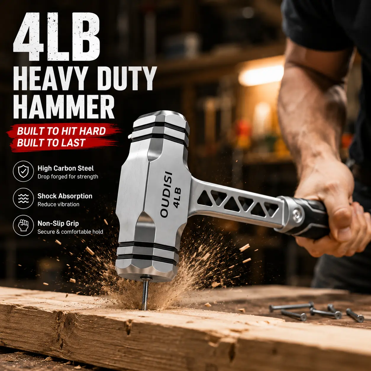 OuDiSi 4LB Heavy Duty Sledge Hammer - Dual Face Dead Blow Hammer with Non-Slip Grip Handle, Shock Absorb Design, for Demolition, Construction, Garage Repair (Tools & Hardware Hand Tools)