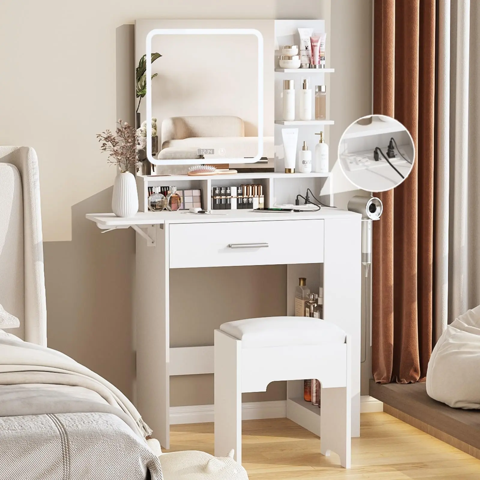 [Summergarden] Vabches Vanity Desk with Mirror and Lights, Small Makeup Vanity with Drawer & Lots Storage Shelves, White Vanity Table with Charging Station & Time Display, Vanity Set with Chair, for Bedroom,dorm essentials,home decor