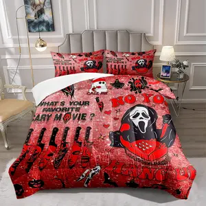 Halloween Horror Movie Comforter Set, Spooky Ghostface Print Bedding Set, Glittery Red & Black Design, Decorative Bedding Set, Perfect for Festive and Themed Bedroom Decor, Ideal for Teens and Halloween Lovers, with 1 or 2 Pillowcase No Pillow Core