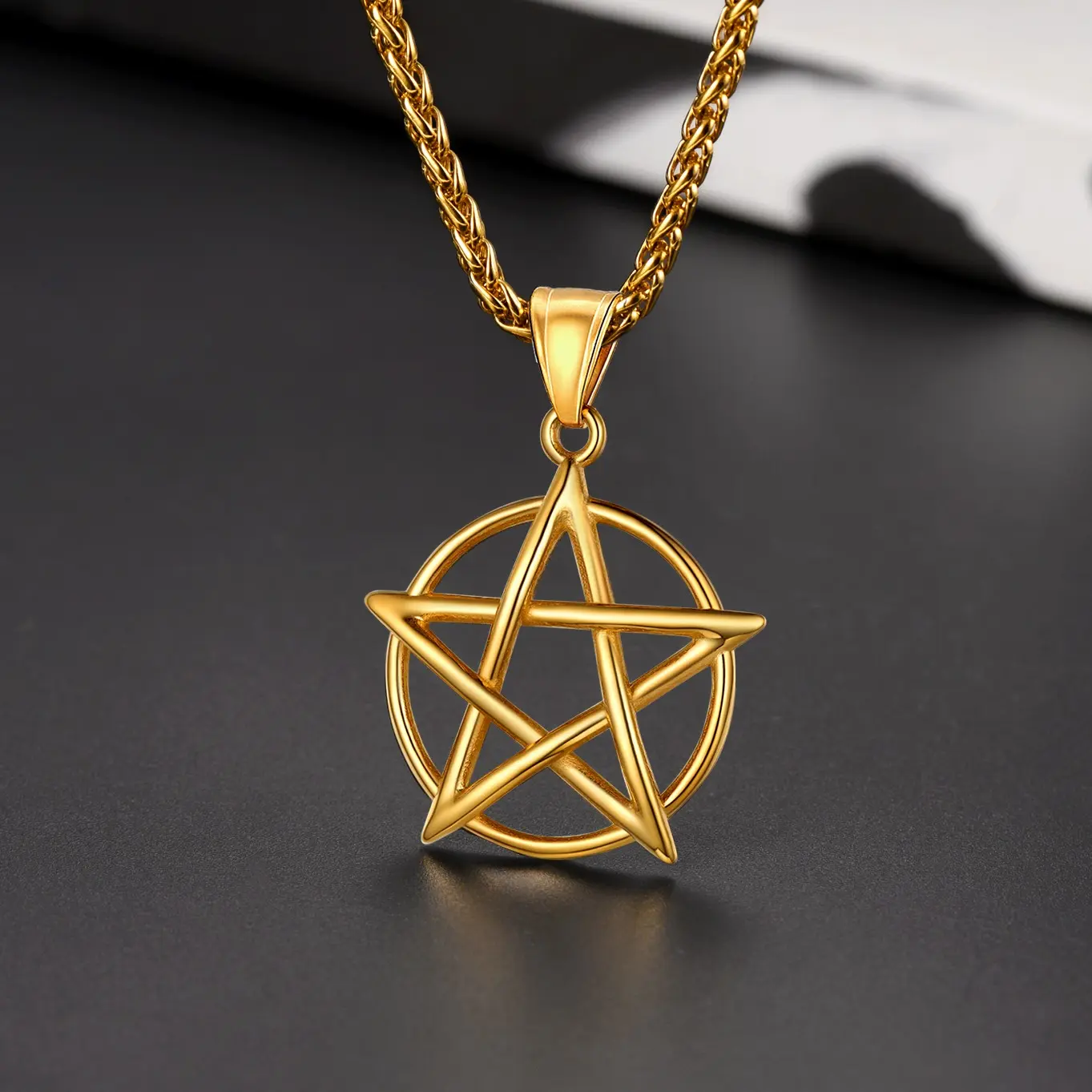 U7 Simple Pentacle Symbol Pendant Necklace with Adjustable Black Plating Chain, Durable Jewelry for Men, Pentagram Design