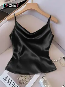 Women's Solid Color Smooth Satin Tank Top Sleeveless, Spaghetti Strap, Adjustable, Fitted, Perfect for Daily Wear, Versatile Layering Piece, Stylish and Comfortable, Basic