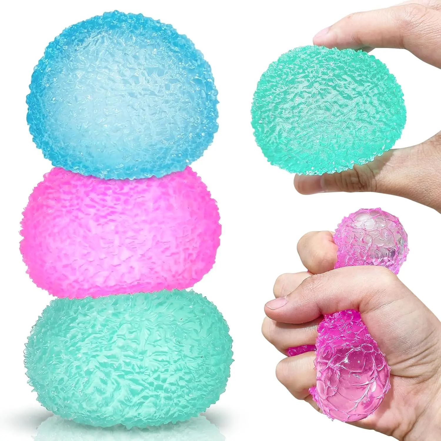 3pc Stress Balls for Adults, Squishy Ball Sensory Textured Memory Gel Fidget Toys for Kids/Adults Hand Exercises, Favors Anxiety Relief Squeeze Ball