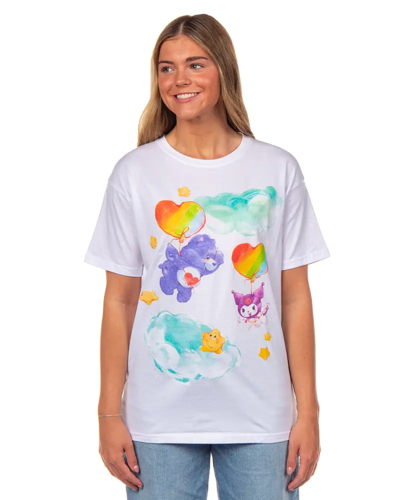 Hello Kitty and Friends x Care Bears Women's T-Shirt Harmony Bear and Kuromi Glitter Sheen Boyfriend Fit Tee (X-Large)