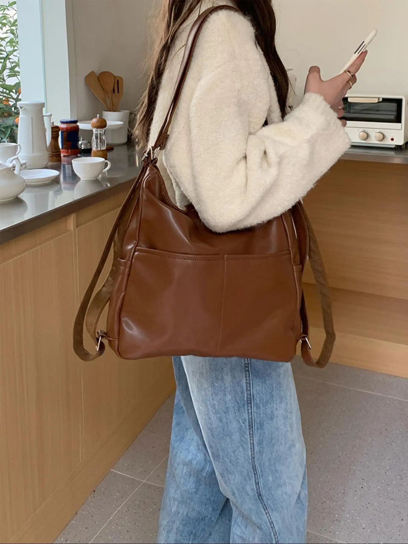 Women's Solid Color PU Leather Backpack, Large Capacity Convertible Tote Bag, Multi-functional Crossbody School Bag for Daily Used, Casual Travel Backpack
