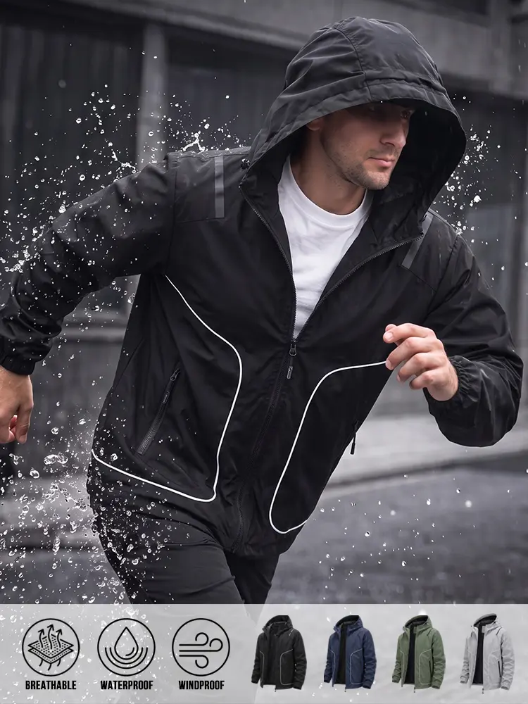 Minimalist Full Zip Hooded Protective Coat with complete inner lining and elastic trim, triple performance of windproof waterproof breathable, stable weather resistance for jogging, cycling and year-round casual outdoor wearing