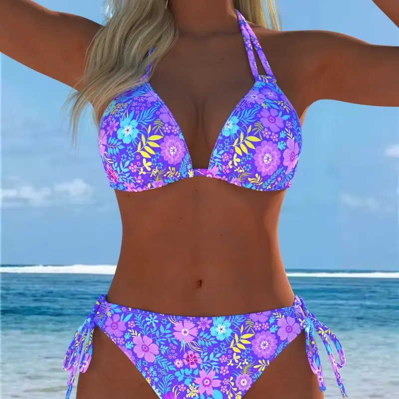 Two-Piece Bikini Set, Sexy Triangle Design, Adjustable Straps, Random Print, Perfect for Island Swimming, Beachwear Swimsuit, Summer Swimsuit Set, Women's Swimwear, Bikinis Set