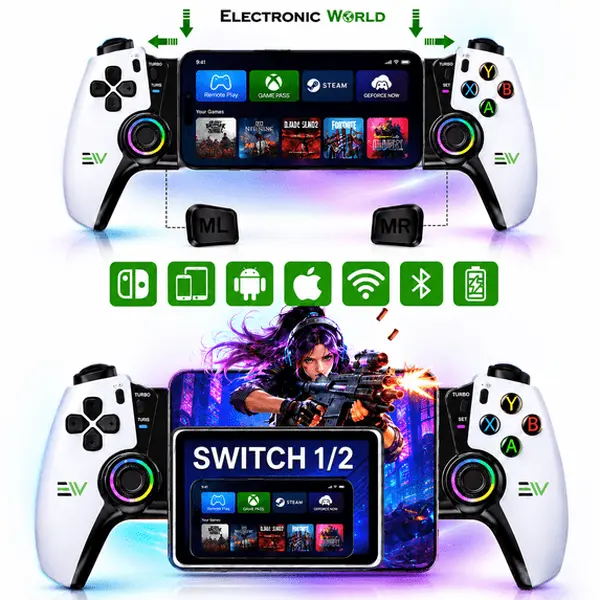 Electronic World Electro Play Force Wireless Bluetooth Mobile Gaming Controller for Android Gamers - Hall Effect Joysticks, Turbo Mode, RGB Lights, Dual Vibration, Adjustable Grip, Rechargeable, Controller+USB Cable, Multi-Platform Compatibility