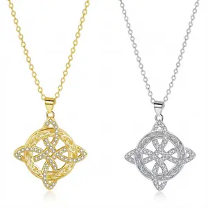 Witch's Knot Pendant Necklace, Silver Celtic Knot with Cubic Zirconia, Infinity Cross Design, Unisex.