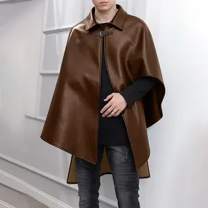 INCERUN Menswear Faux Leather-Texture Cropped Cape Garment, Longsleeves Buckle-Enhanced Jacket, Suitable for Spring/Autumn Street Casual & Party Gatherings