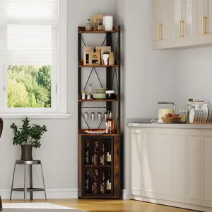 Industrial Corner Bar Cabinet with 4-Tier Wine Rack – Freestanding Liquor Storage Sideboard – Glass Holder, Adjustable Shelves, Space-Saving Display for Dining Room or Home Bar – Vintage Color