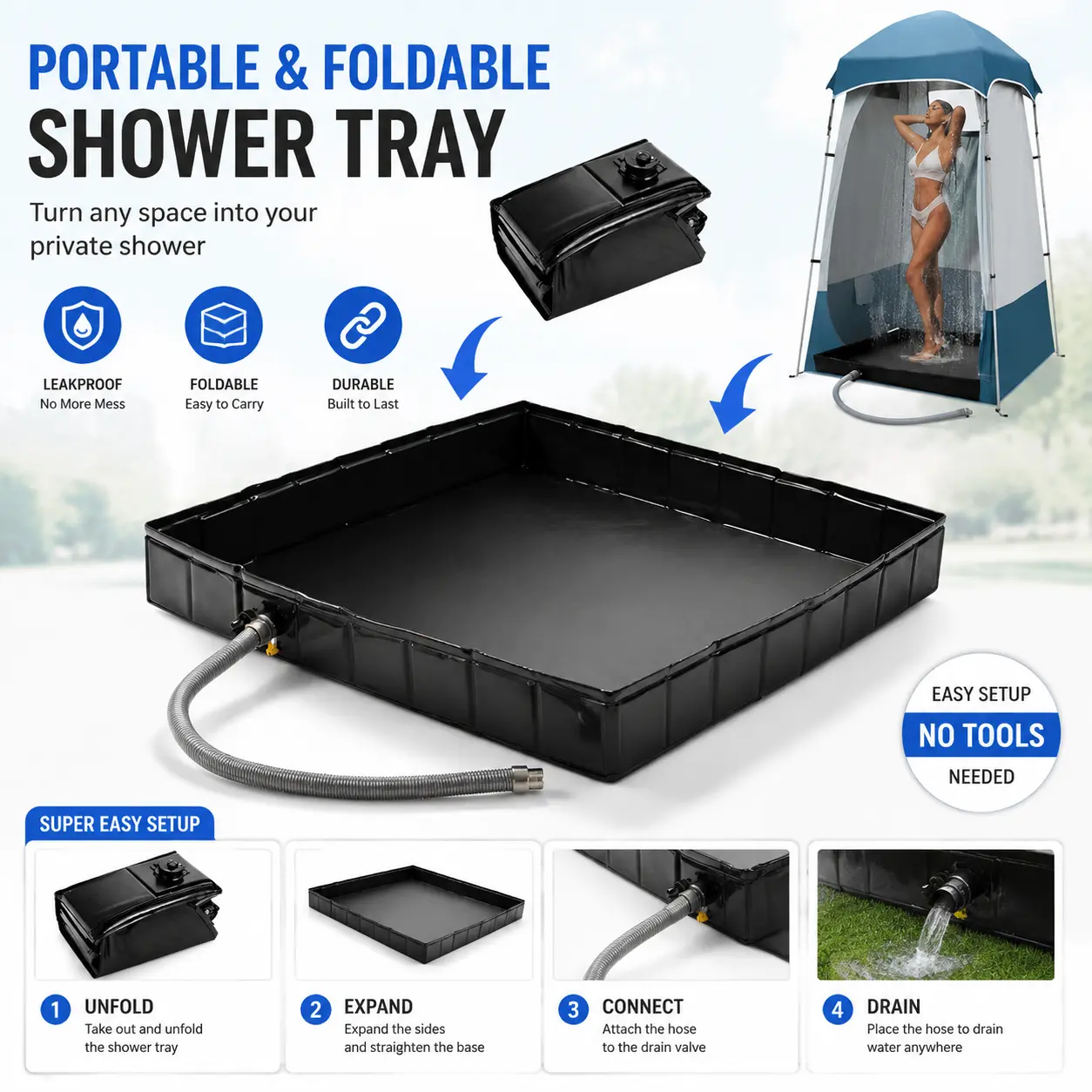 Upgraded Portable Shower Pan 41"x41"x5" - Heavy-Duty Non-Slip Base with Drain Hole & Mesh Storage Bag | Collapsible Camp Shower Tray for RV, Beach, Glamping | Leakproof Outdoor Bath Floor-5608 Travel Accessories Camping Showerhead-5608