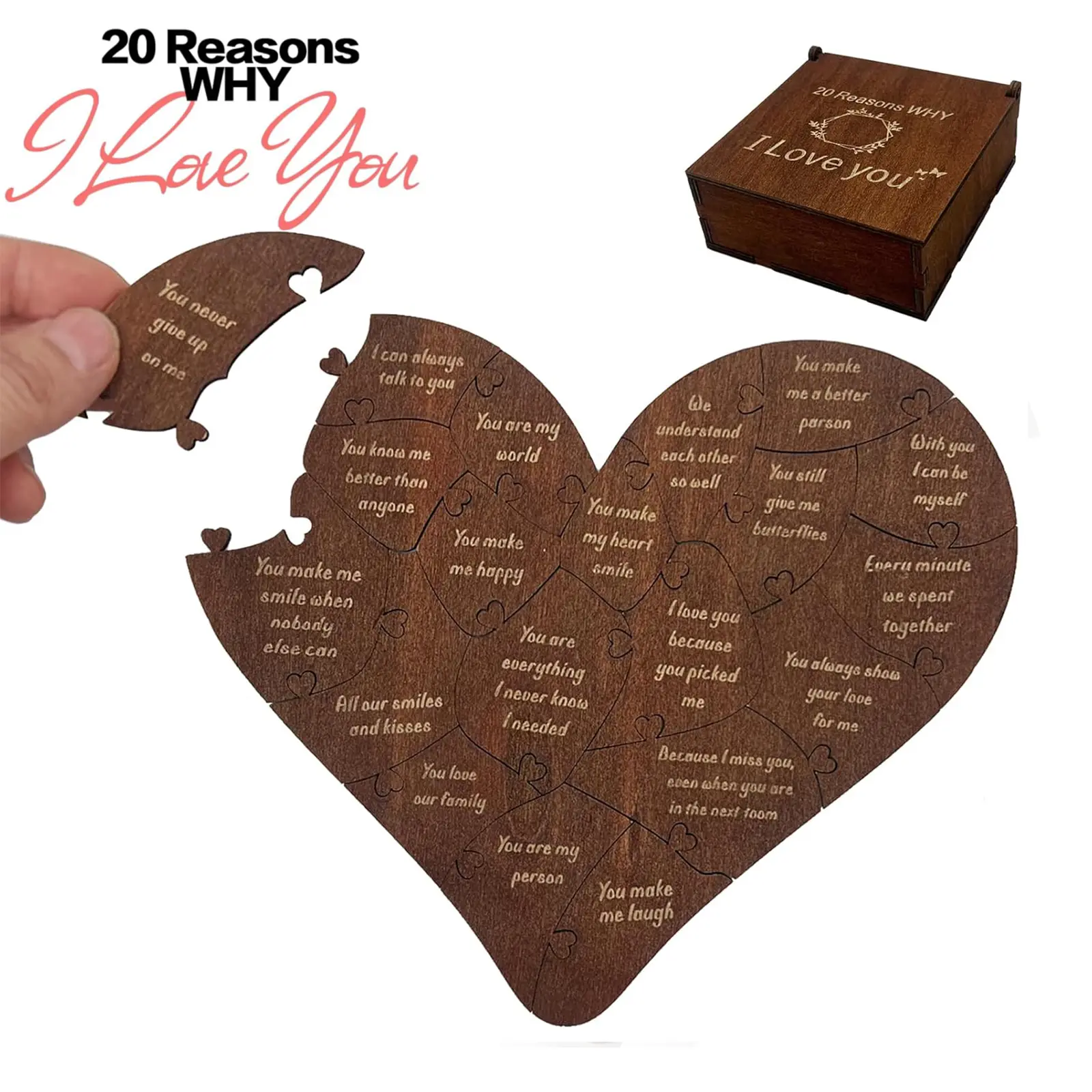 20 Reasons Why I Love You Gift Box, Romantic Heart Wooden Puzzle for Him, Her – Valentines, Anniversary Wedding Gifts for Boyfriend, Girlfriend, Husband, Wife, Personalized Gift, Premium Gift Box