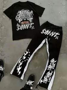 Men's Trendy Fitted Short Sleeve T-Shirt & Pants Set, Unique Flame Graphic Design, Streetwear Style, Summer