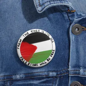 Humanitarian Palestine Pin Button - Red and White Design with Text "FROM THE RIVER TO THE C, FALASTIN WILL BE FREE"