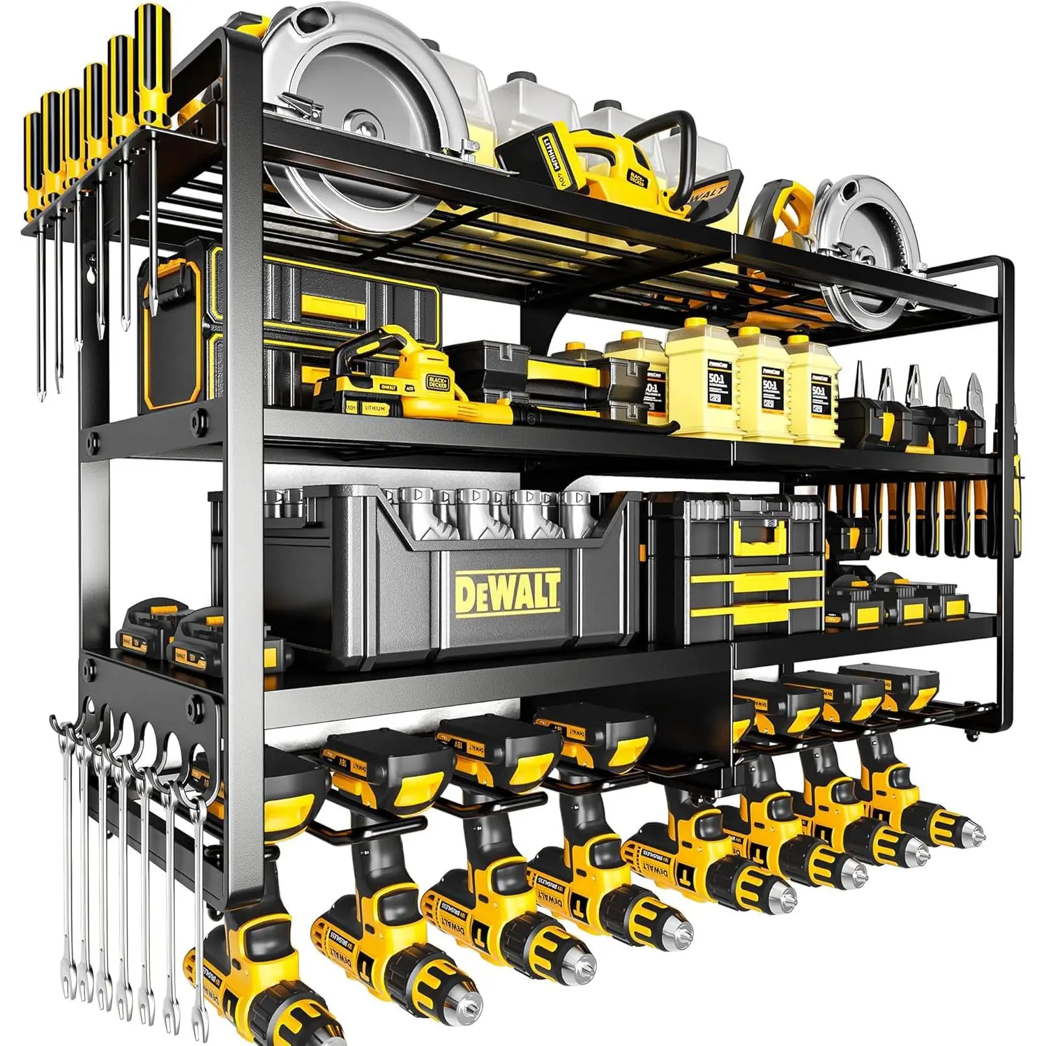 Large Power Tool Storage Box Wall-Mounted, 4-Tier Heavy-Duty Metal Load 400 lbs, Power Tool Rack Battery Storage, with 8 Cordless Drill Holders, Practical Garage Workshop Shelf