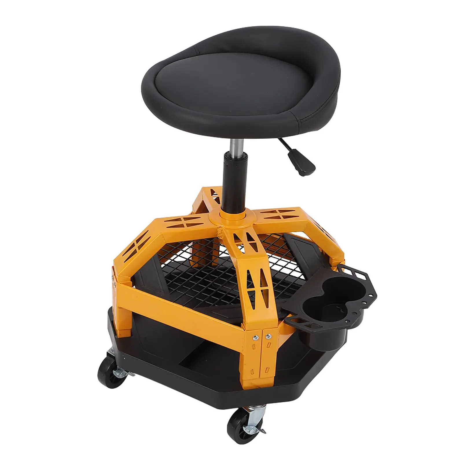GARVEE Rolling Garage Stool with Adjustable Height, 330LBS Capacity, 360° Swivel Seat, Double Tool Tray Storage, Heavy Duty Work Bench, Comfortable Padded Shop Seat with Cup Holder in Yellow