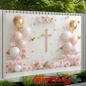 2D Flat Baptism and First Holy Communion Backdrop, Pink White Floral Butterfly Design with Golden Cross, Polyester Banner Decor for Wedding Birthday Anniversary, Photo Booth, Party Banner