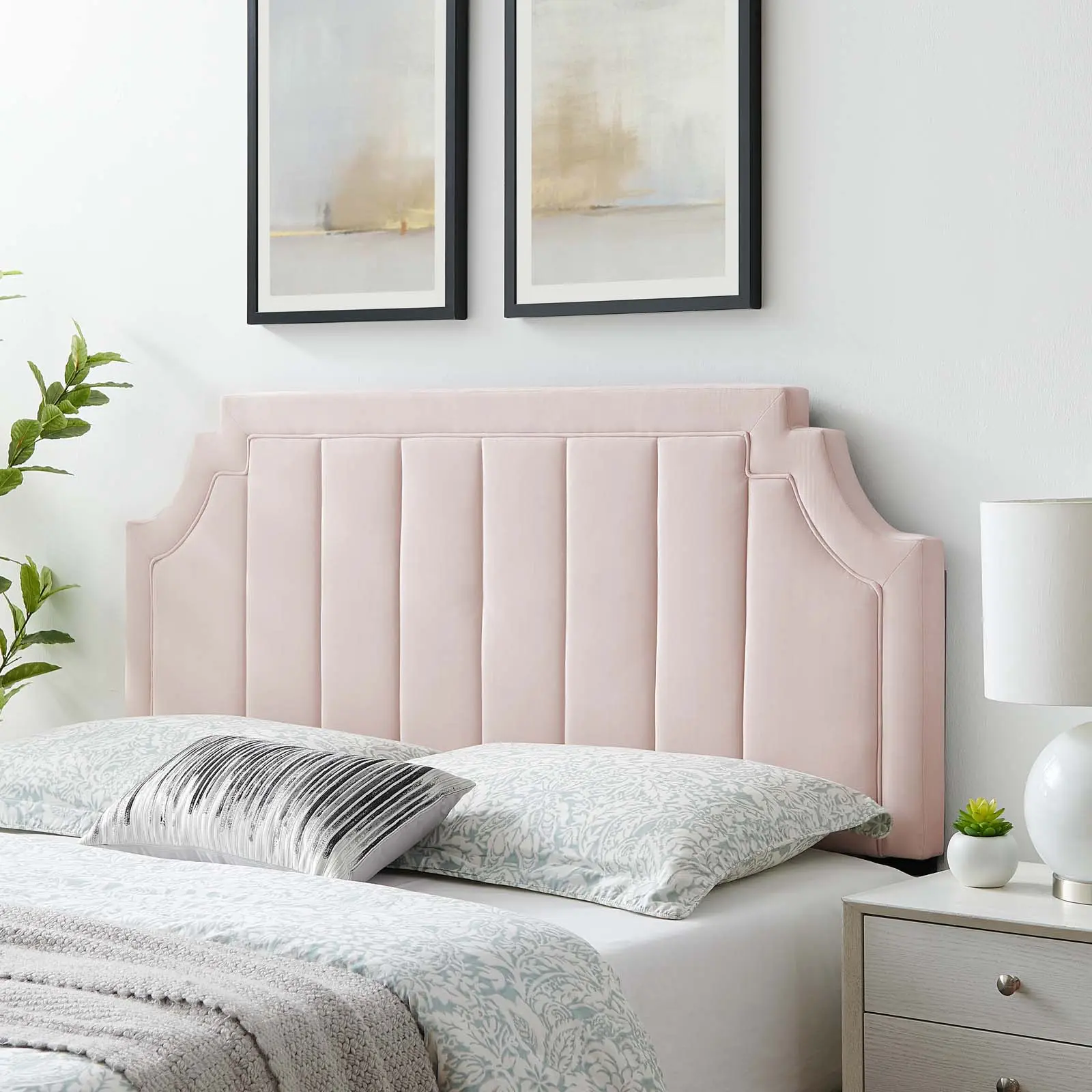 Modway Alyona Adjustable Ergonomic Upholstered Channel Tufted Performance Velvet Fabric Headboard for Bedroom, Full/Queen Size, Pink, Adjustable Headboard