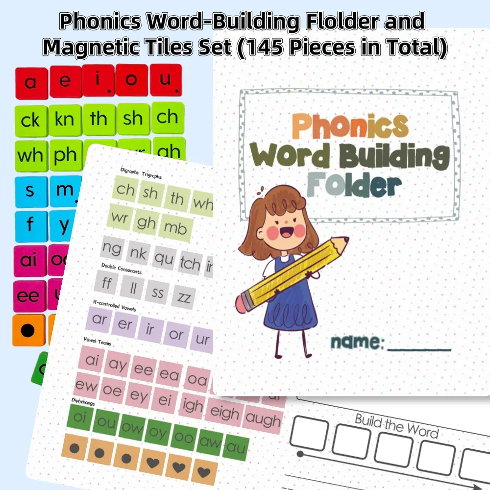 Magnetic Phonics Word Tiles Set, 145pcs Word Block with 1 Building Folder & 1 Random Color Pen, Preschool Alphabet Tool, Learning Tool, School & Educational Supplies
