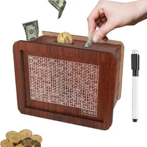 10000 Savings Challenge Box, Wooden Cash Vault Savings Box, Kakeibo Money Saving Box, Wooden Coin Piggy Bank with Savings Goal Counter, Perfect Gift for Boys, Girls, Kids, and Friends (Brown)
