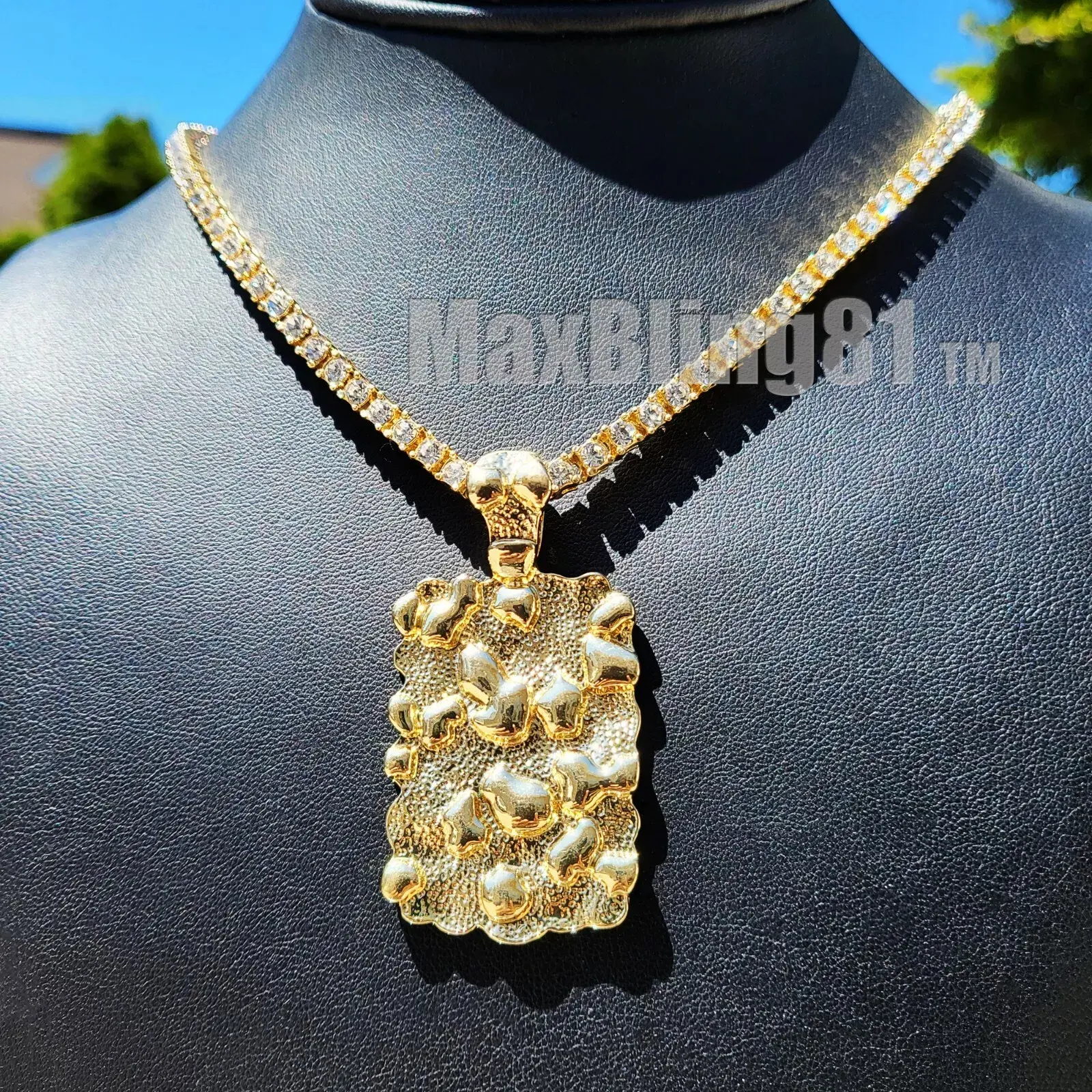 MaxBling81 Unisex Hip-Hop 28mm Golden Nugget Dog Tag Pendant & 1-Row Lab Grown Diamonds Iced Tennis Chain Necklace, 16in-24in, Everyday Wear Costume Jewelry Large Chain Necklace, Statement Necklace