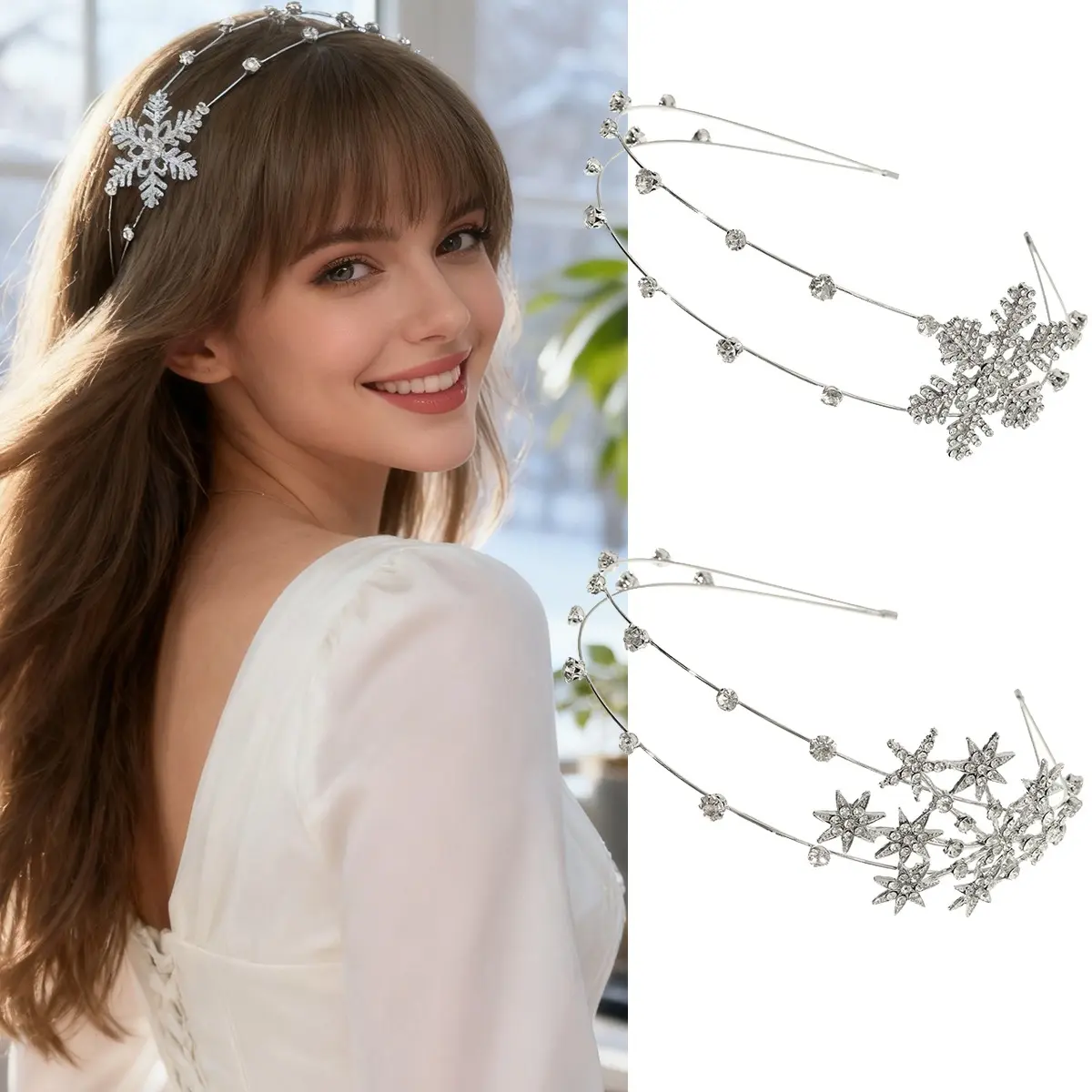 AWAYTR Women's Christmas Headband, Double-Layered Bling Metal Hair Accessory with Rhinestone Snowflake & Star for Holiday Parties, Fashion Headbands, Hairbands, Rhinestone Headband, Bling Hair Fashion