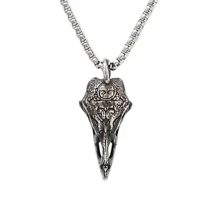 Retro Nordic Raven Crow Skull Pendant Necklace, Vintage Silver Bird Skull Charm with Chain, Unisex Edgy Statement Jewelry, Animal Amulet Gift for Men Women