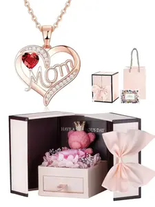 Mom New Year Gift Heart Birthstone Pendant Necklace, Rose Box Set, Personalized Jewelry, Mother's Day Present, Unique Gift Idea