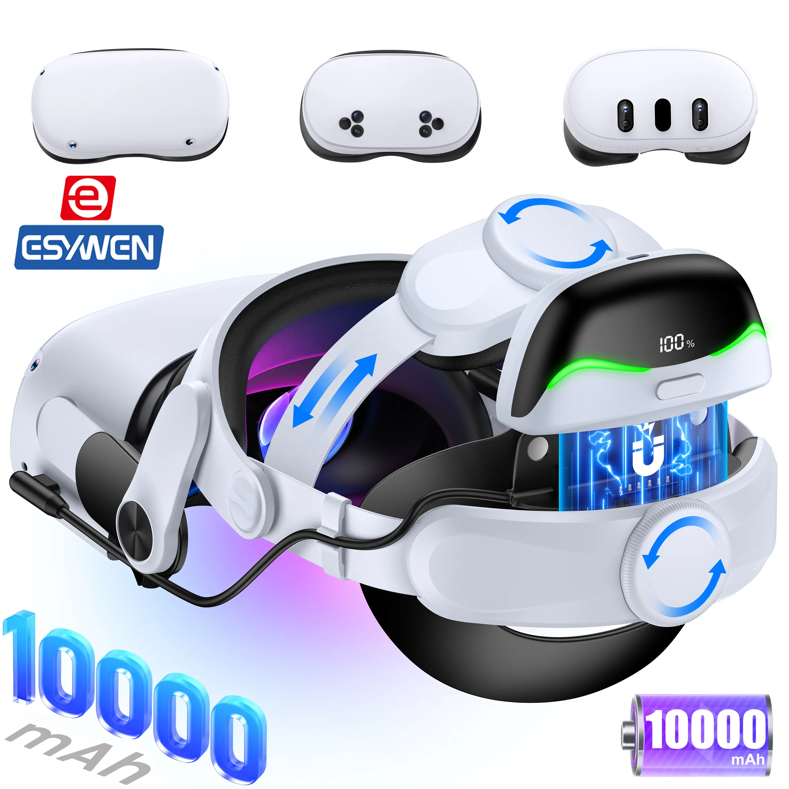 ESYWEN Battery Head Strap for Meta Quest 3/Quest 3S/Quest 2, with Magnetic Hot-Swappable & Detachable 10000mAh Battery Pack, Extends 2–3H Playtime, Comfortable VR Headset Strap for Oculus